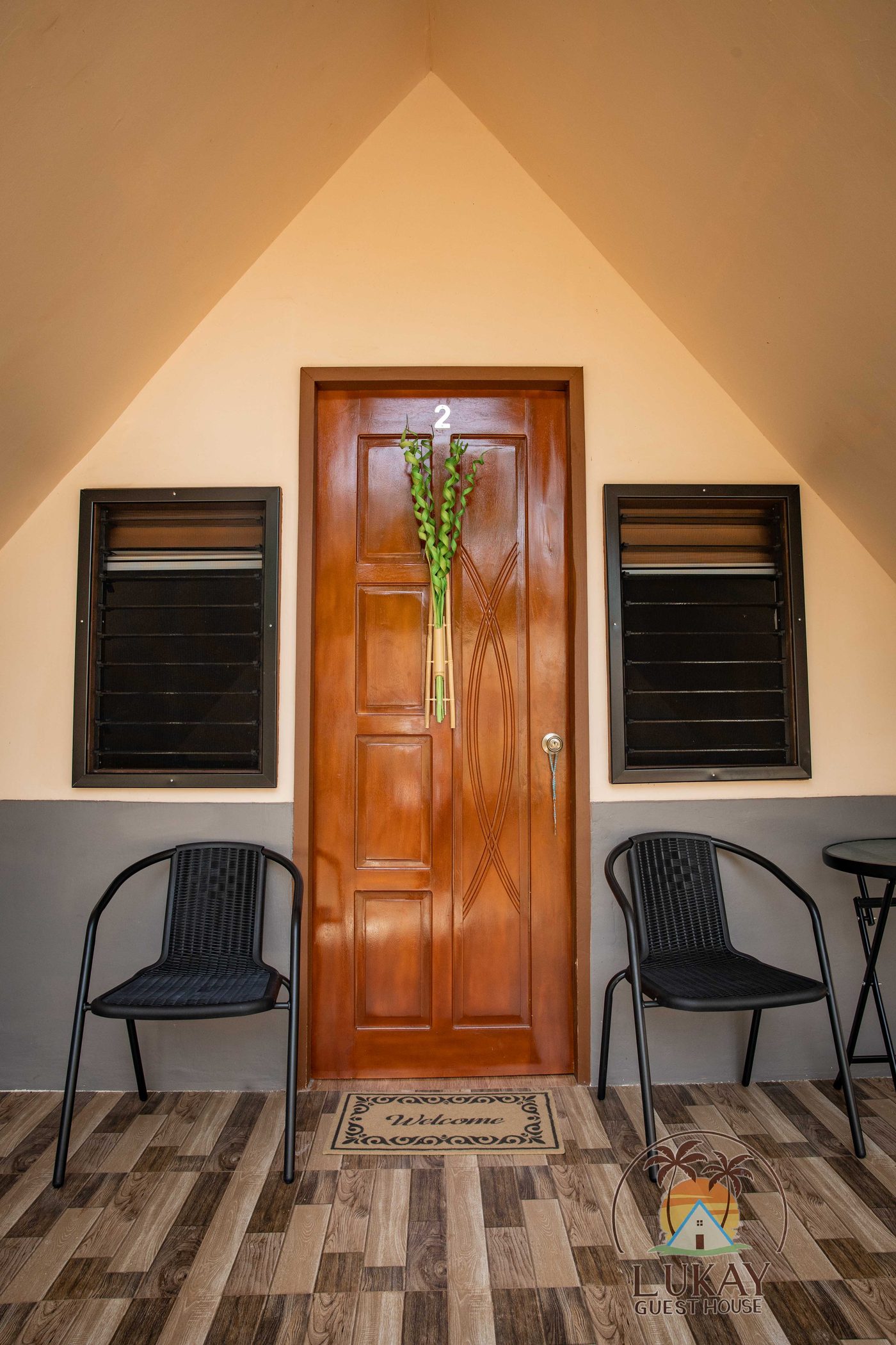 Cabin doorway opening onto the private terrace